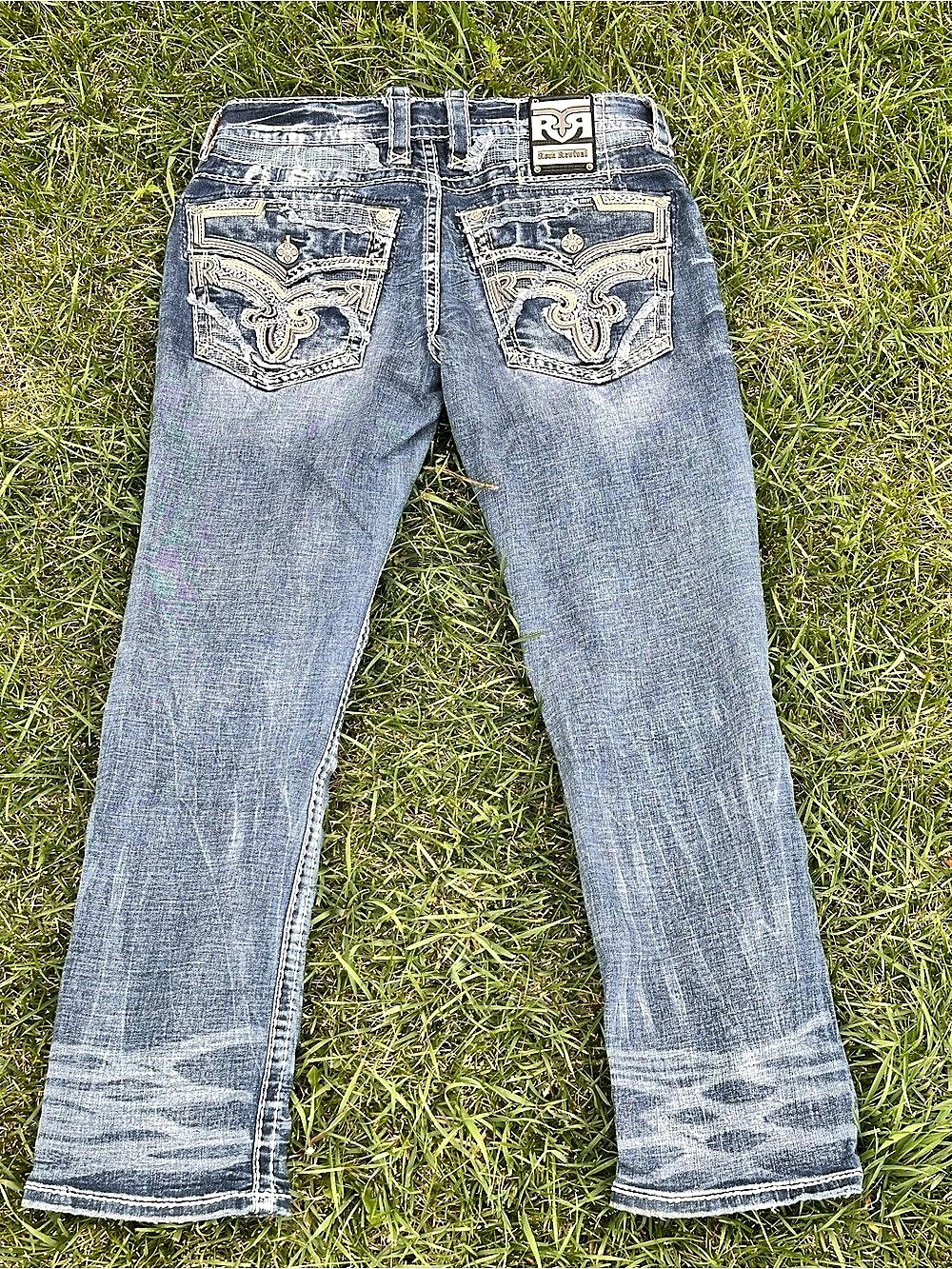 Rock Revival Boot Cut Jeans in Blue Waist 34